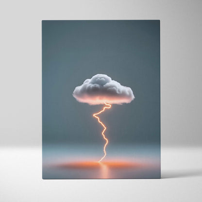A canvas print of a minimalist thundercloud with an orange lightning bolt against a muted blue-gray sky