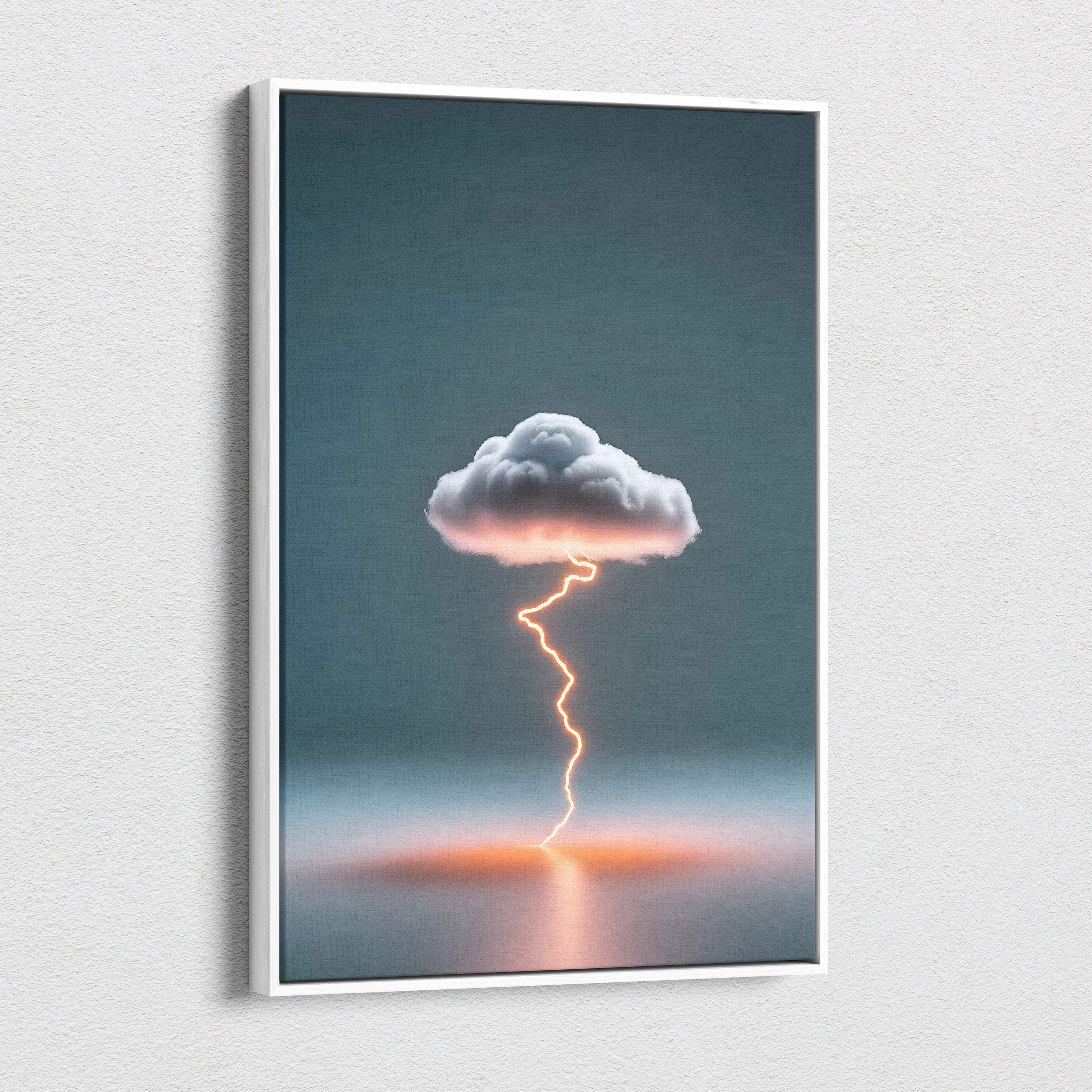 A framed canvas print of a minimalist thundercloud with a lightning bolt against a teal sky and reflective orange water
