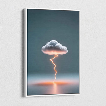 A framed canvas print of a minimalist thundercloud with a lightning bolt against a teal sky and reflective orange water