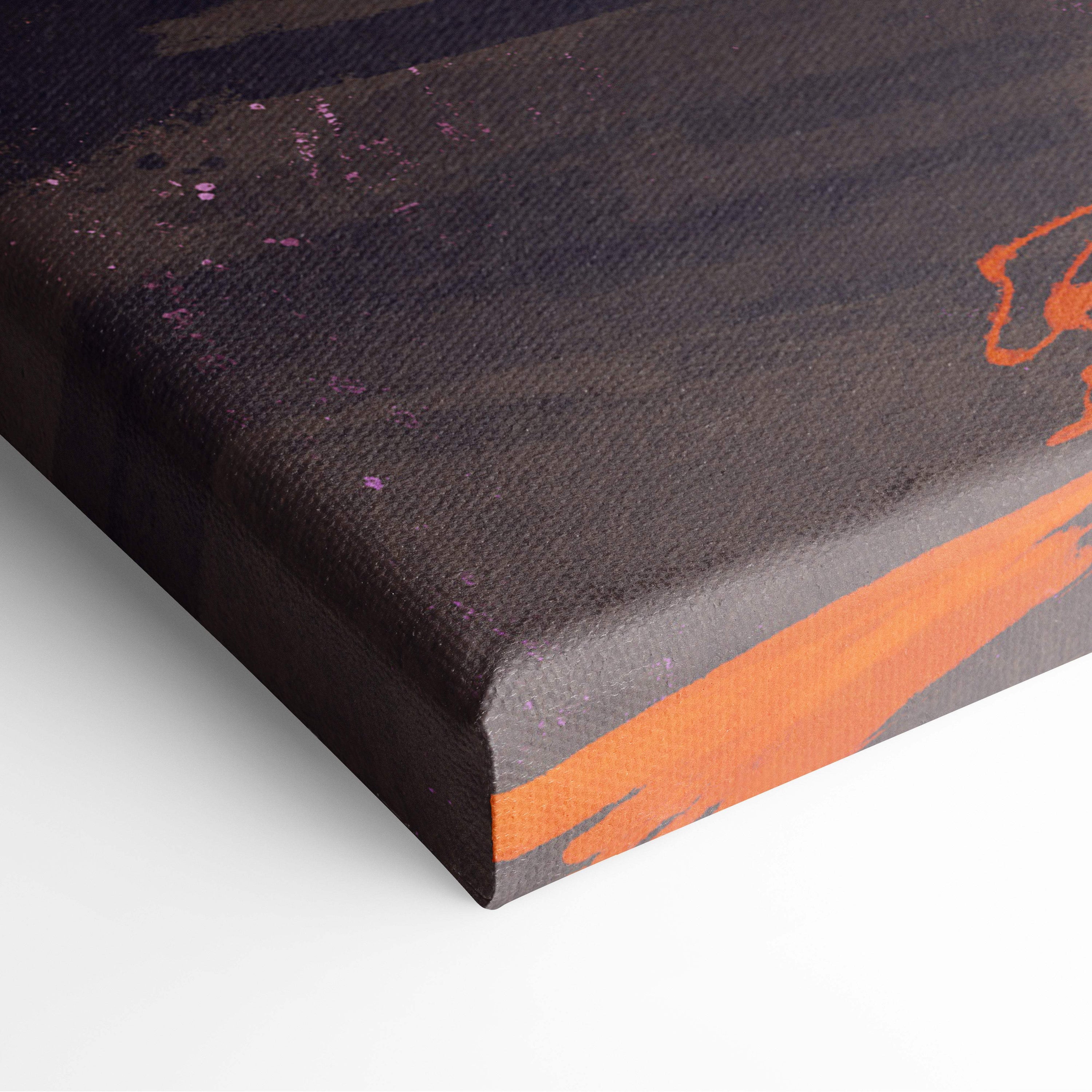 Black canvas wall art with bold orange brushstrokes and subtle purple splatters in modern abstract sunset style