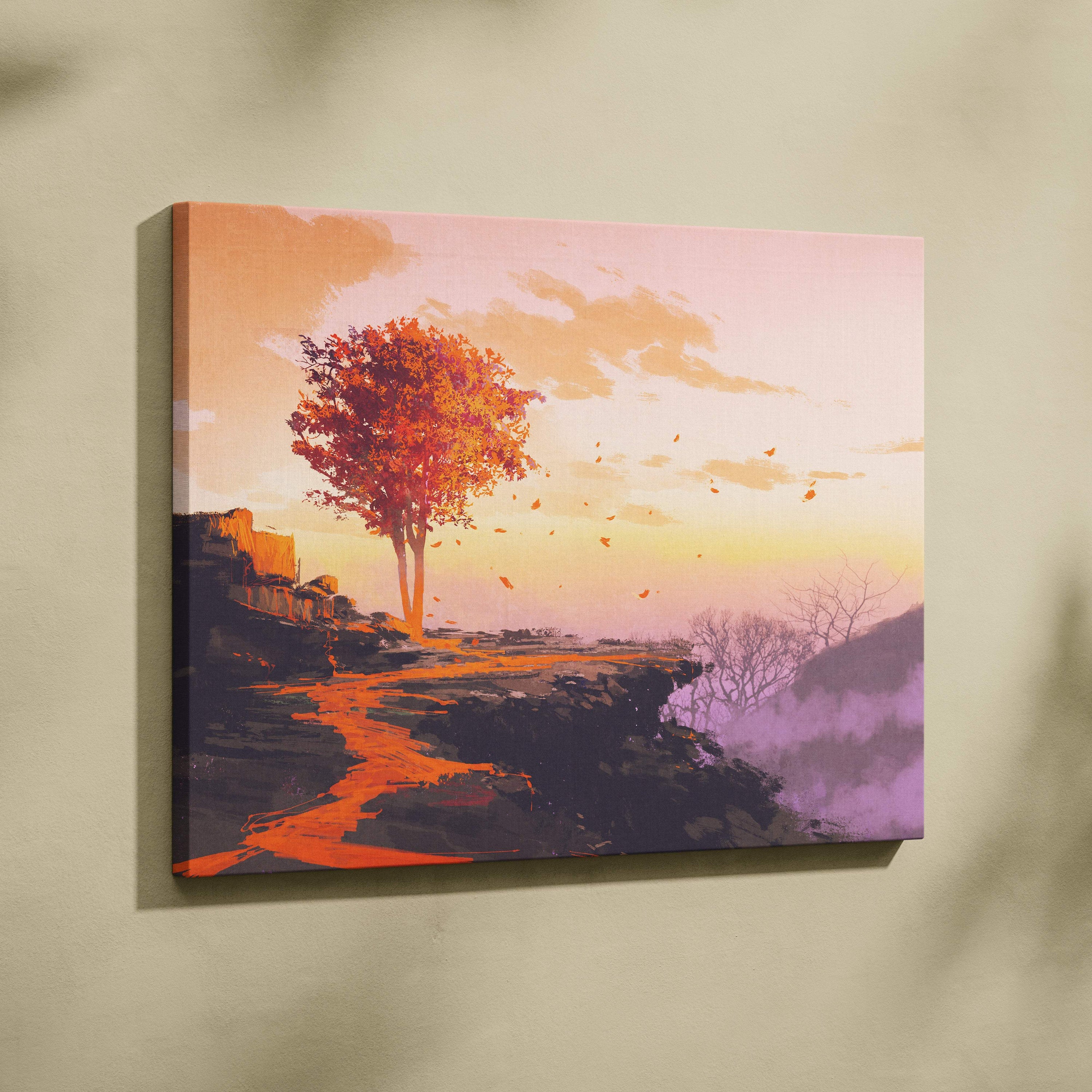 Rectangular canvas wall art featuring a solitary autumn tree silhouette with fiery orange leaves against a pink and yellow sunset sky
