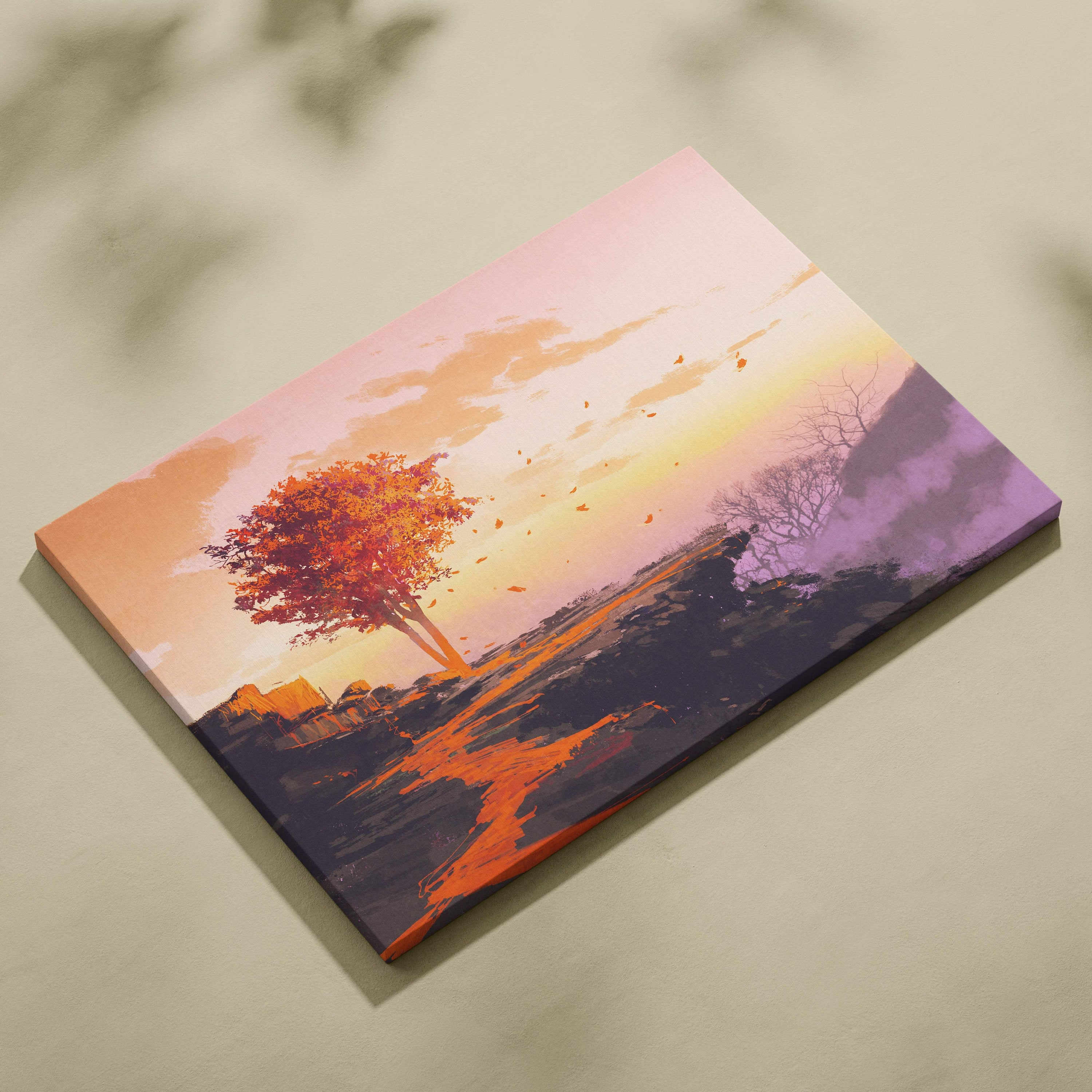 A rectangular canvas print featuring a solitary autumn tree with vibrant orange leaves against a pink and purple sunset sky