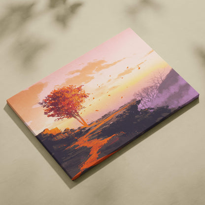 A rectangular canvas print featuring a solitary autumn tree with vibrant orange leaves against a pink and purple sunset sky