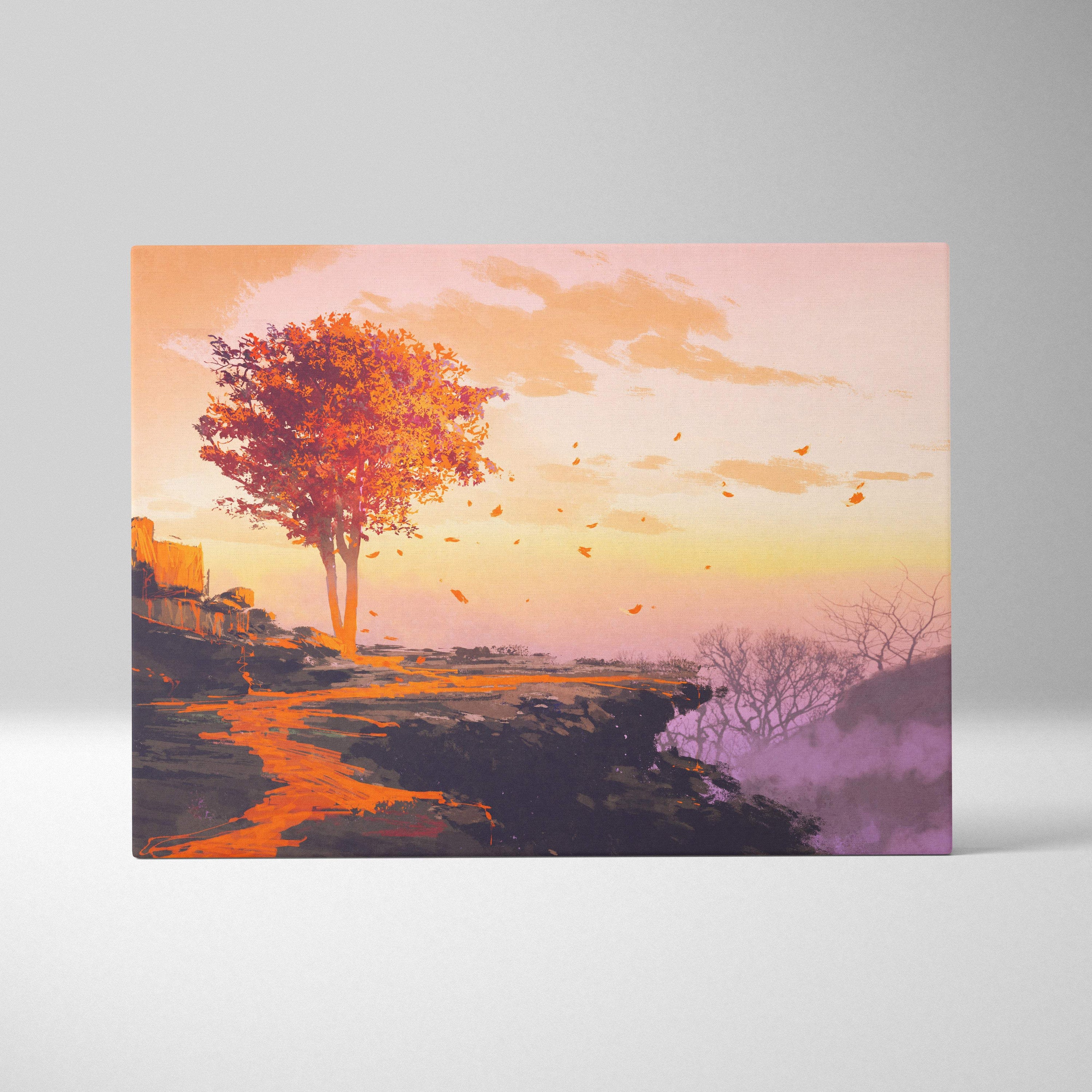 Rectangular canvas wall art featuring a stylized autumn tree with orange foliage against a pink and yellow sunset sky