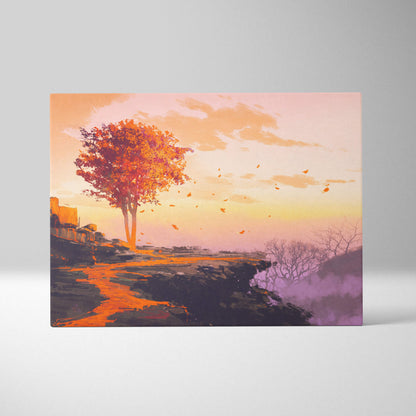Rectangular canvas wall art featuring a stylized autumn tree with orange foliage against a pink and yellow sunset sky