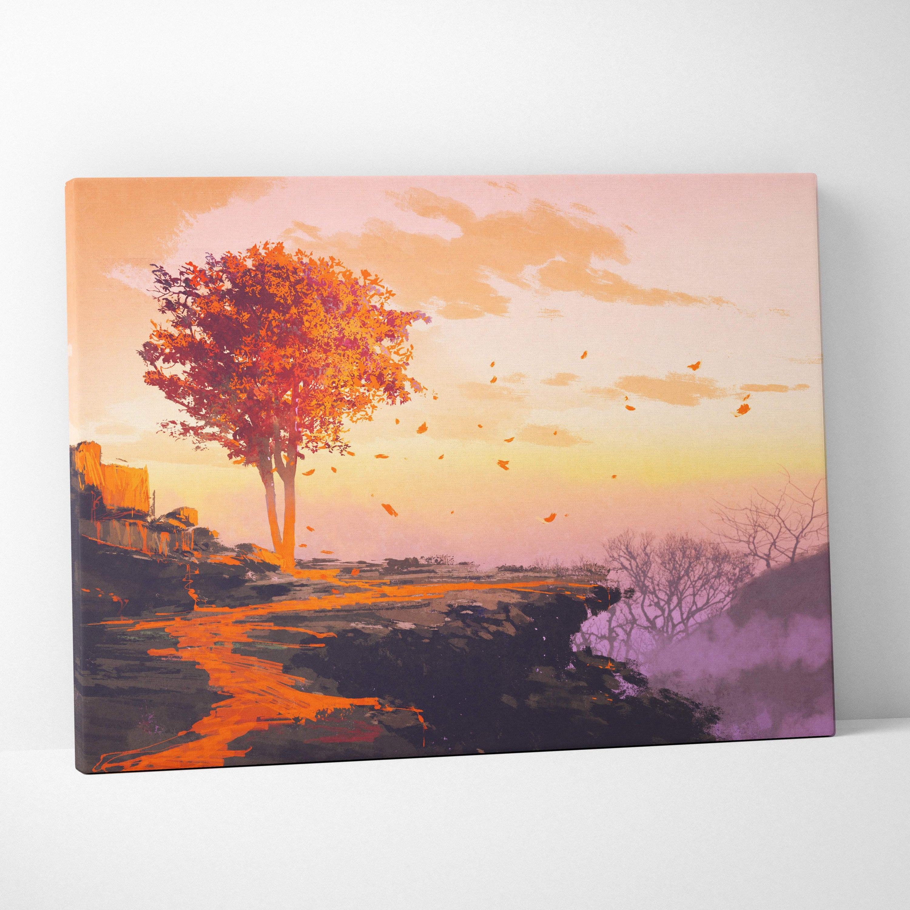 Rectangular canvas wall art of an abstract autumn tree silhouette in warm orange and pink sky on a rocky path