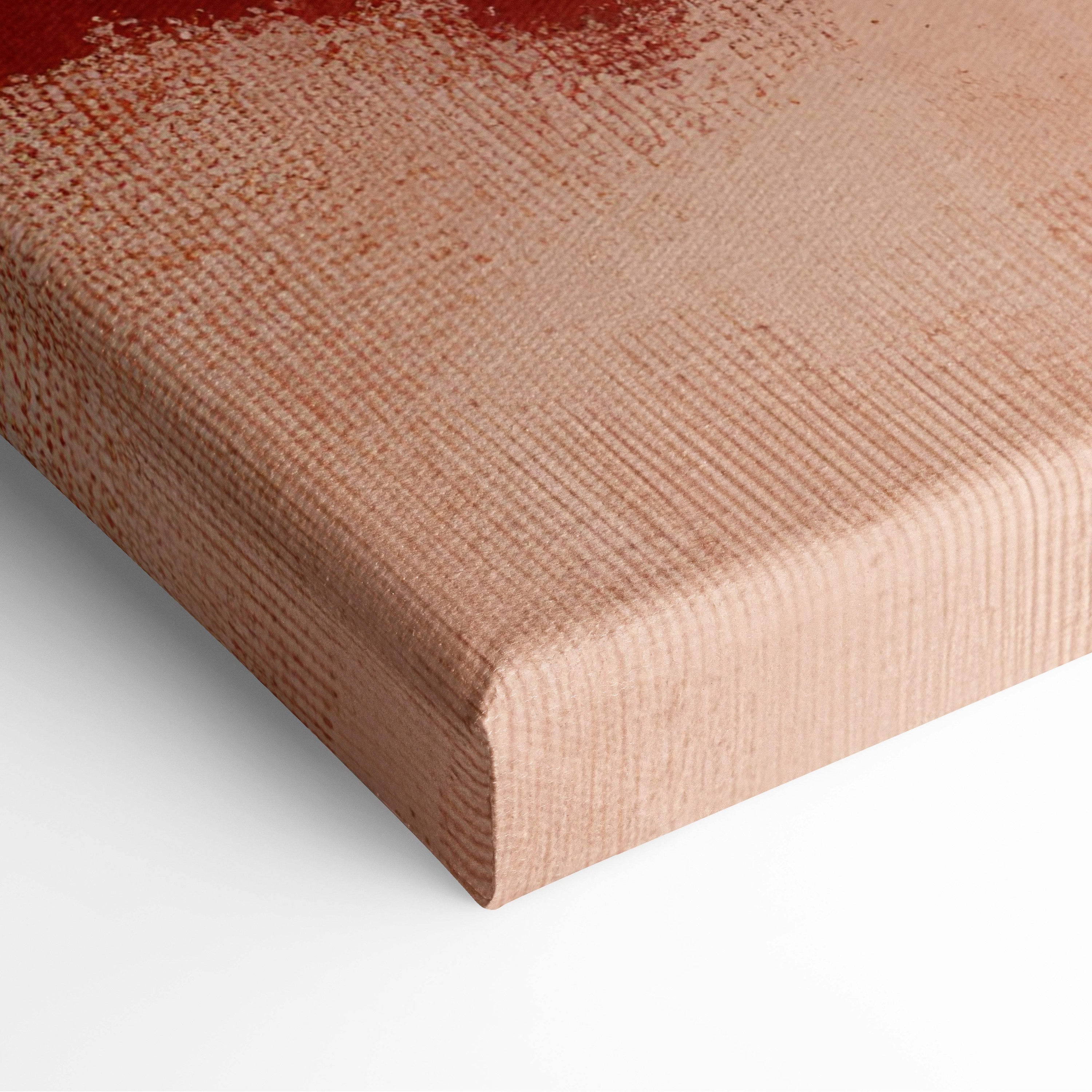 Boho abstract botanical landscape canvas wall art with textured woven fabric in warm terracotta and deep red hues