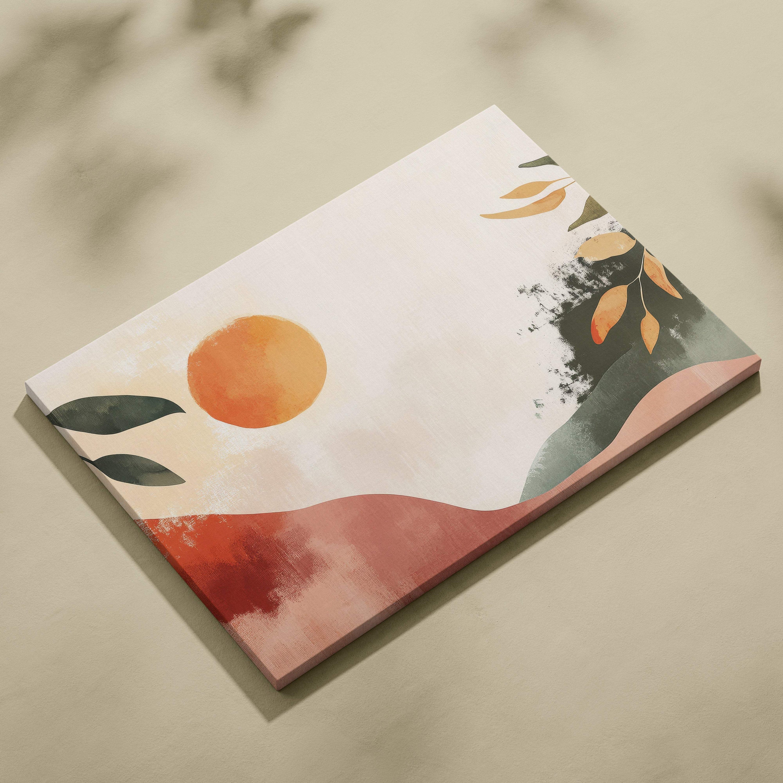 Boho abstract botanical landscape canvas wall art with warm beige sun terracotta olive green leaves in watercolor style