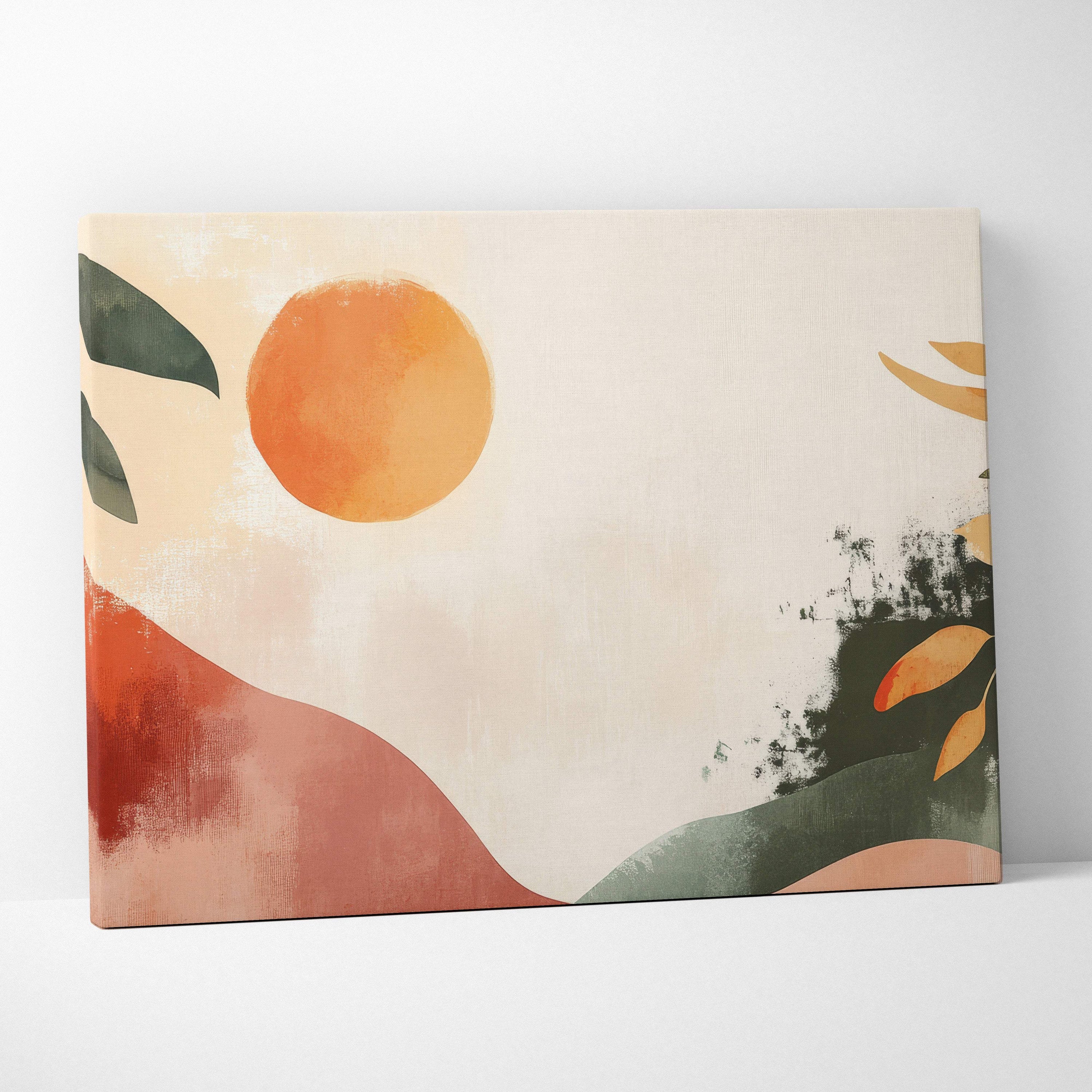 Boho abstract botanical landscape canvas wall art with warm orange sun terracotta and olive green leaves on beige background