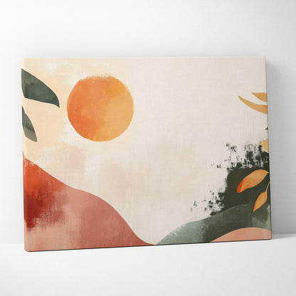 Boho abstract botanical landscape canvas wall art with warm orange sun terracotta and olive green leaves on beige background