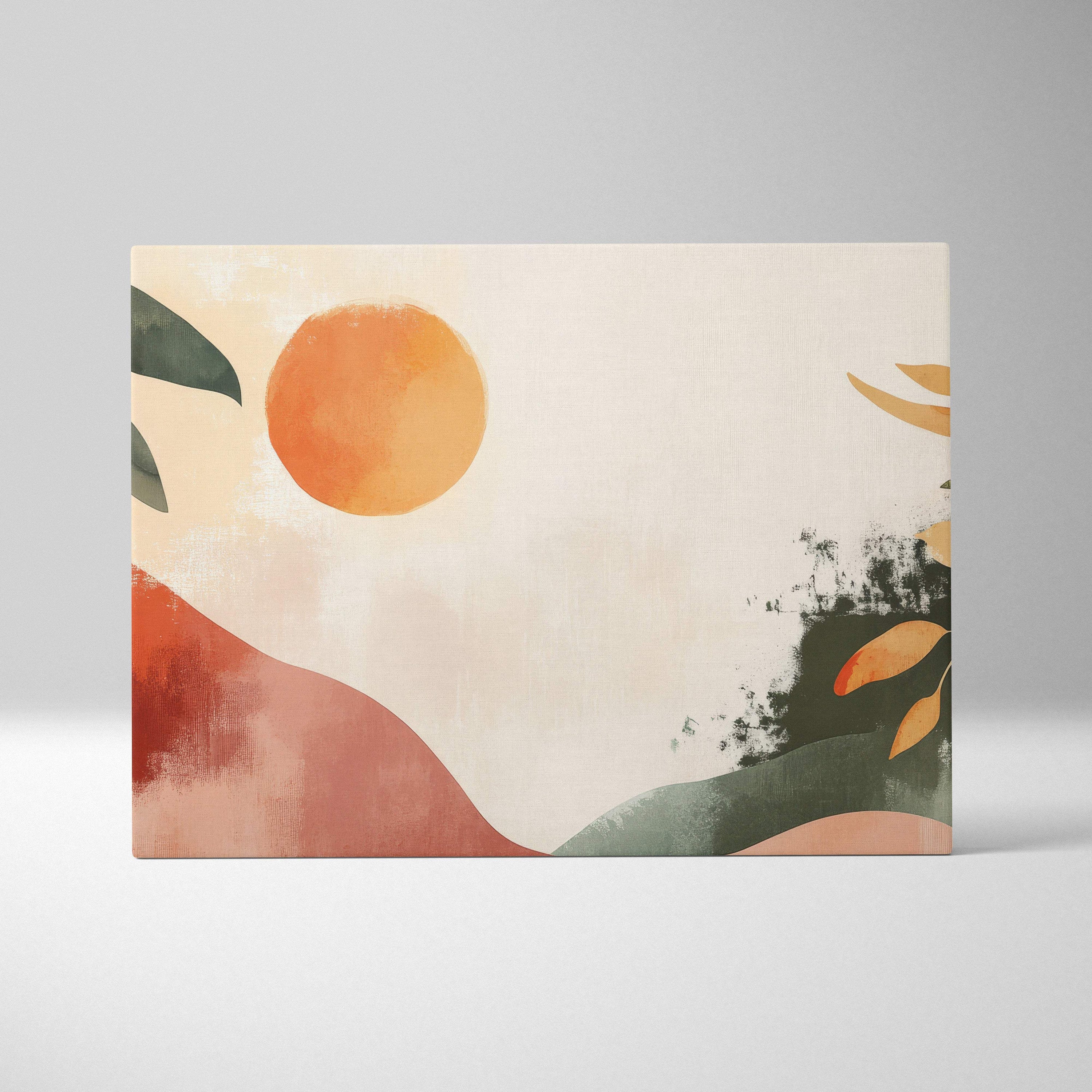 Boho abstract botanical landscape canvas wall art with orange sun terracotta olive green and warm beige for living room decor