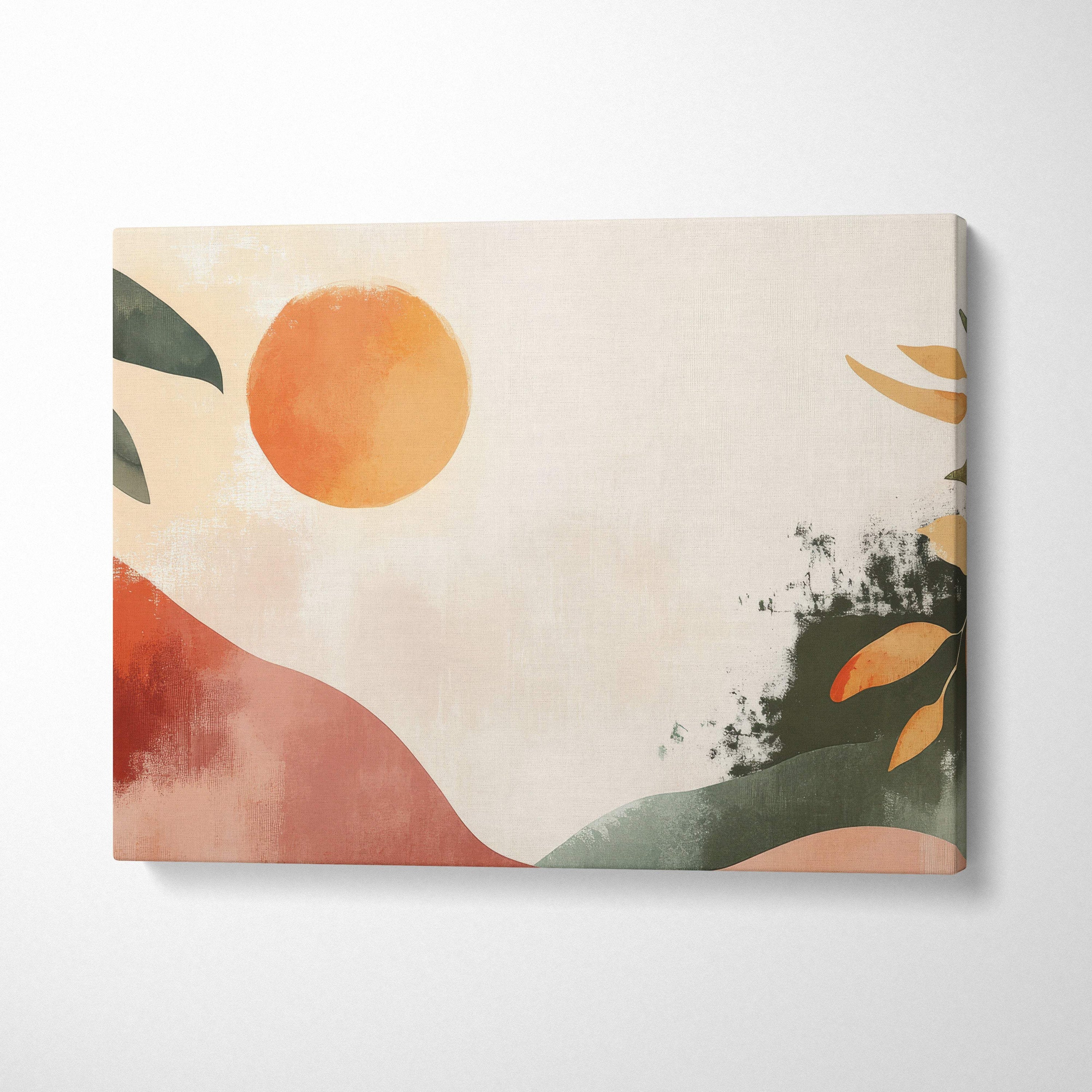 Boho abstract botanical landscape canvas wall art with warm orange sun terracotta olive green and beige leaf motifs