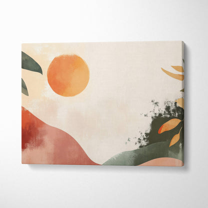 Boho abstract botanical landscape canvas wall art with warm orange sun terracotta olive green and beige leaf motifs