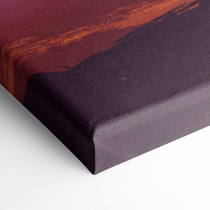 Futuristic sci-fi sunset canvas wall art with bold maroon and burnt orange brushstrokes on textured dark background