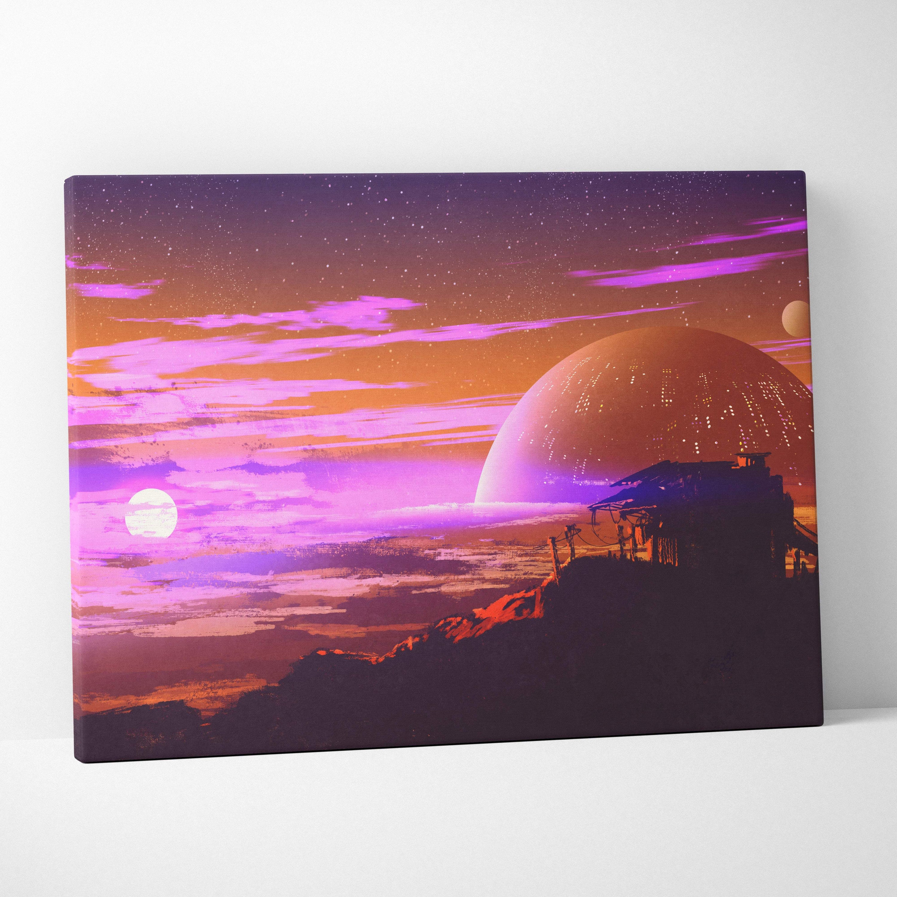 Futuristic sci-fi sunset canvas wall art with neon purple and orange sky featuring a cosmic planet and silhouette