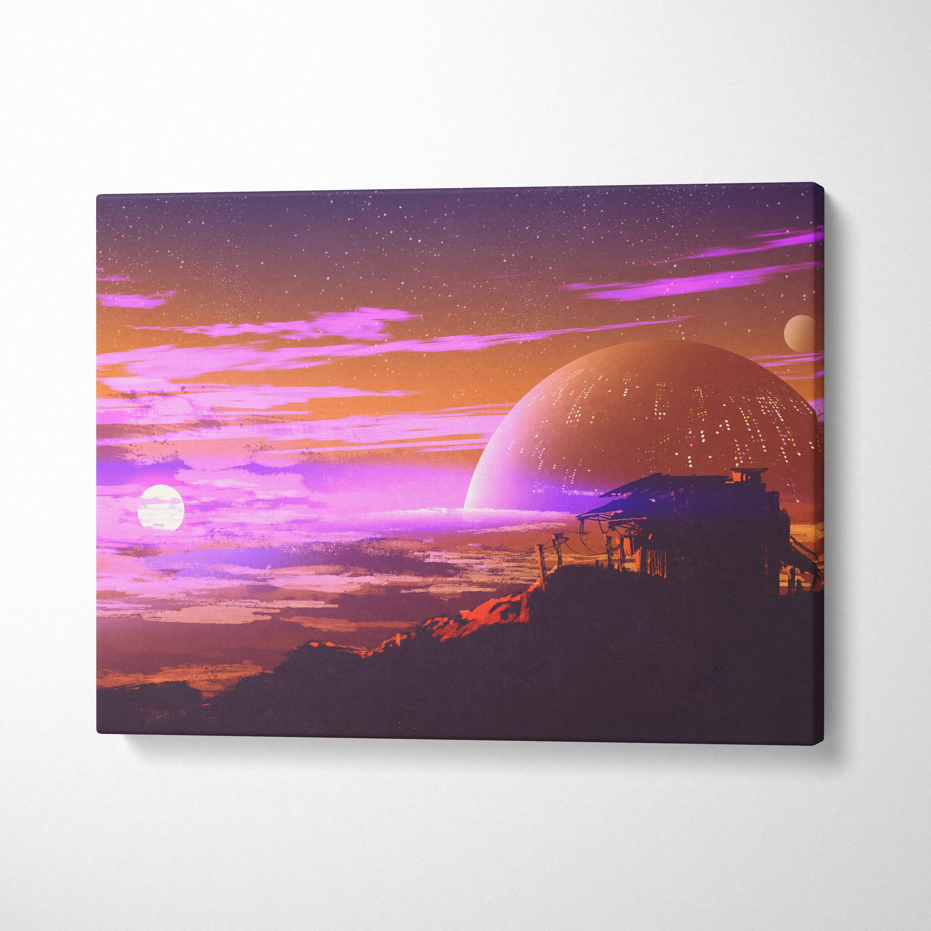 Futuristic sci-fi sunset canvas wall art featuring a neon purple and orange sky with moons and glowing planets