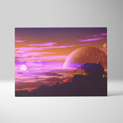 Vibrant retro-futuristic canvas wall art featuring a glowing purple and orange sunset over alien planets and silhouetted structures