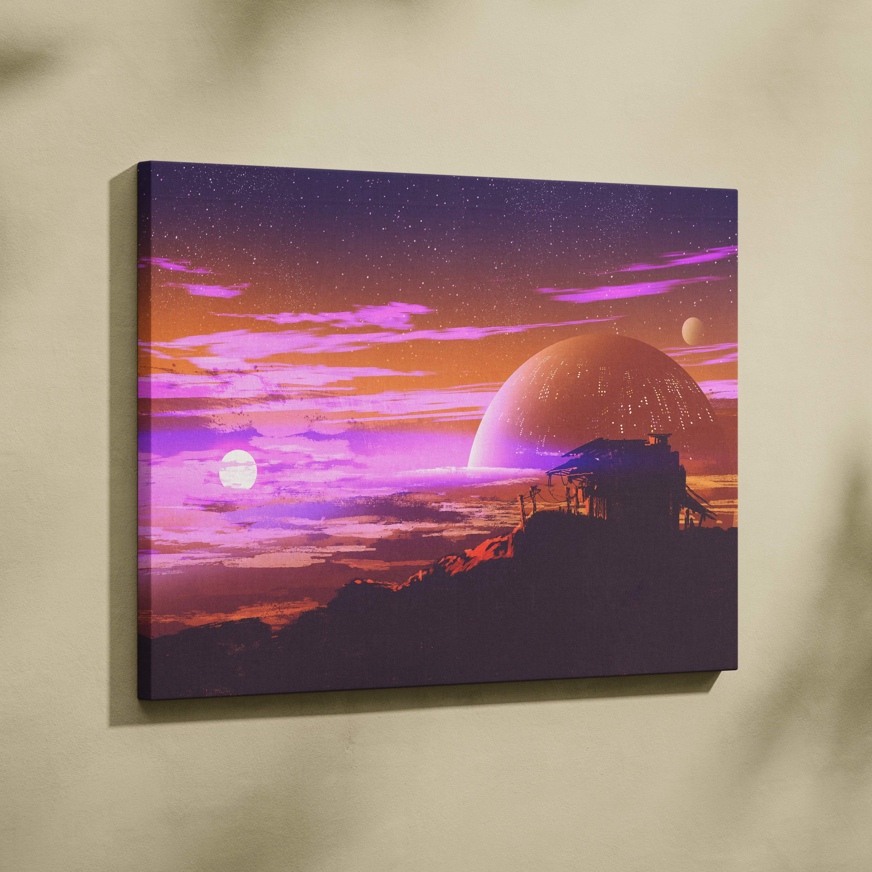 Futuristic sci-fi sunset canvas wall art with neon purple and orange sky featuring two moons and rocky silhouette