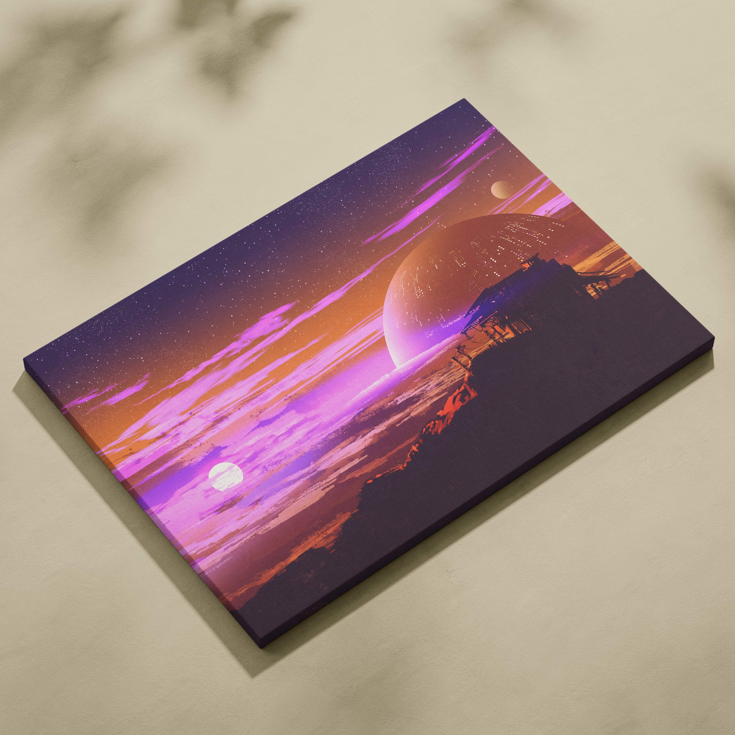 Vibrant retro-futuristic canvas wall art featuring a neon purple and orange cosmic sunset with planets and silhouetted landscapes