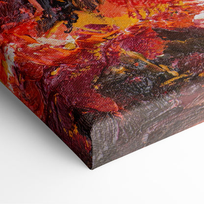 Vibrant abstract canvas painting with thick textured brushstrokes in fiery reds oranges and deep purples for rustic decor