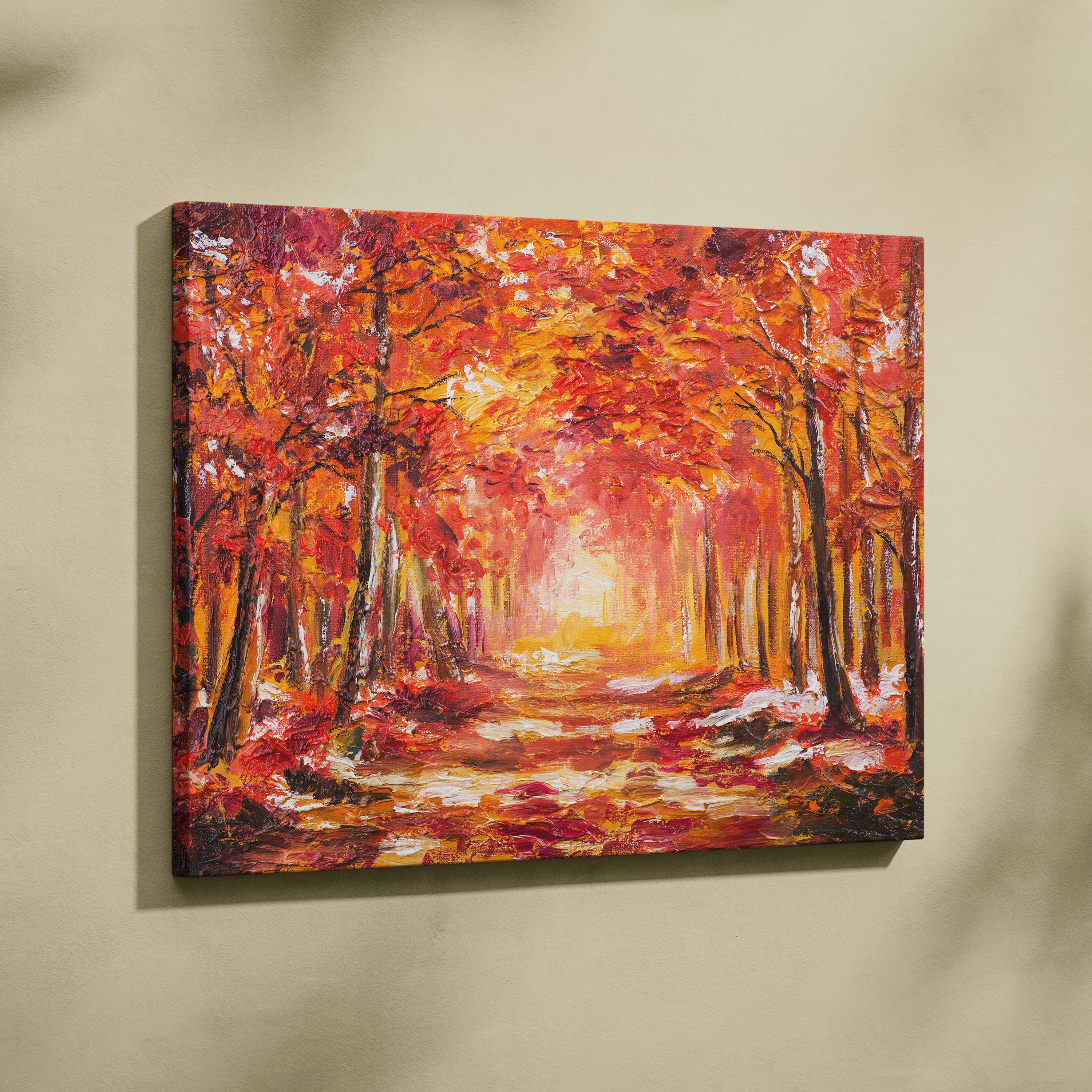 Fiery red autumn forest canvas wall art print featuring bold reds oranges and yellows on textured surface for rustic decor