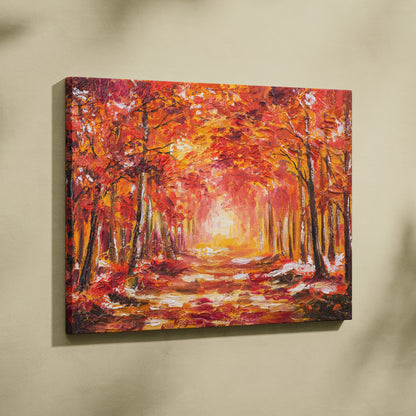 Fiery red autumn forest canvas wall art print featuring bold reds oranges and yellows on textured surface for rustic decor