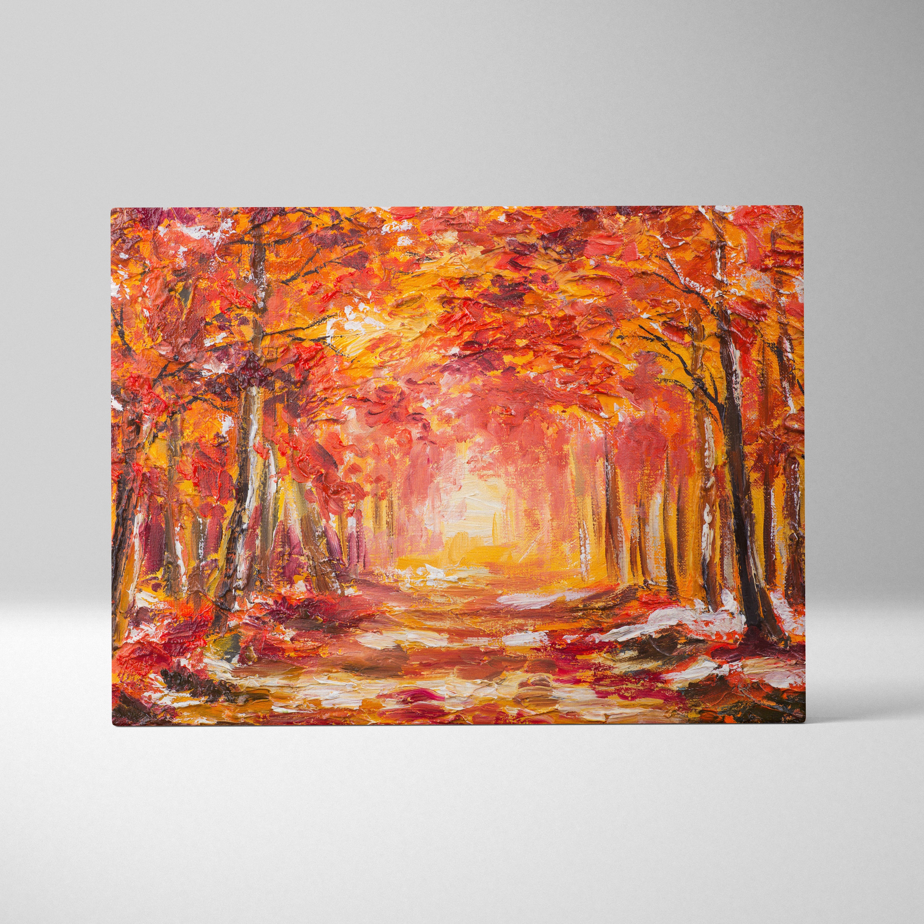 Fiery red autumn forest canvas wall art print with bold red orange and yellow brushstrokes of sunlit tree path