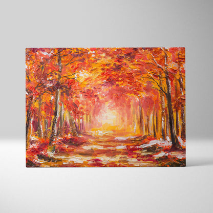 Fiery red autumn forest canvas wall art print with bold red orange and yellow brushstrokes of sunlit tree path
