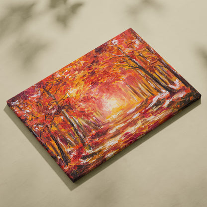 Fiery red autumn forest canvas wall art print featuring vibrant oranges and yellows on textured surface for rustic decor