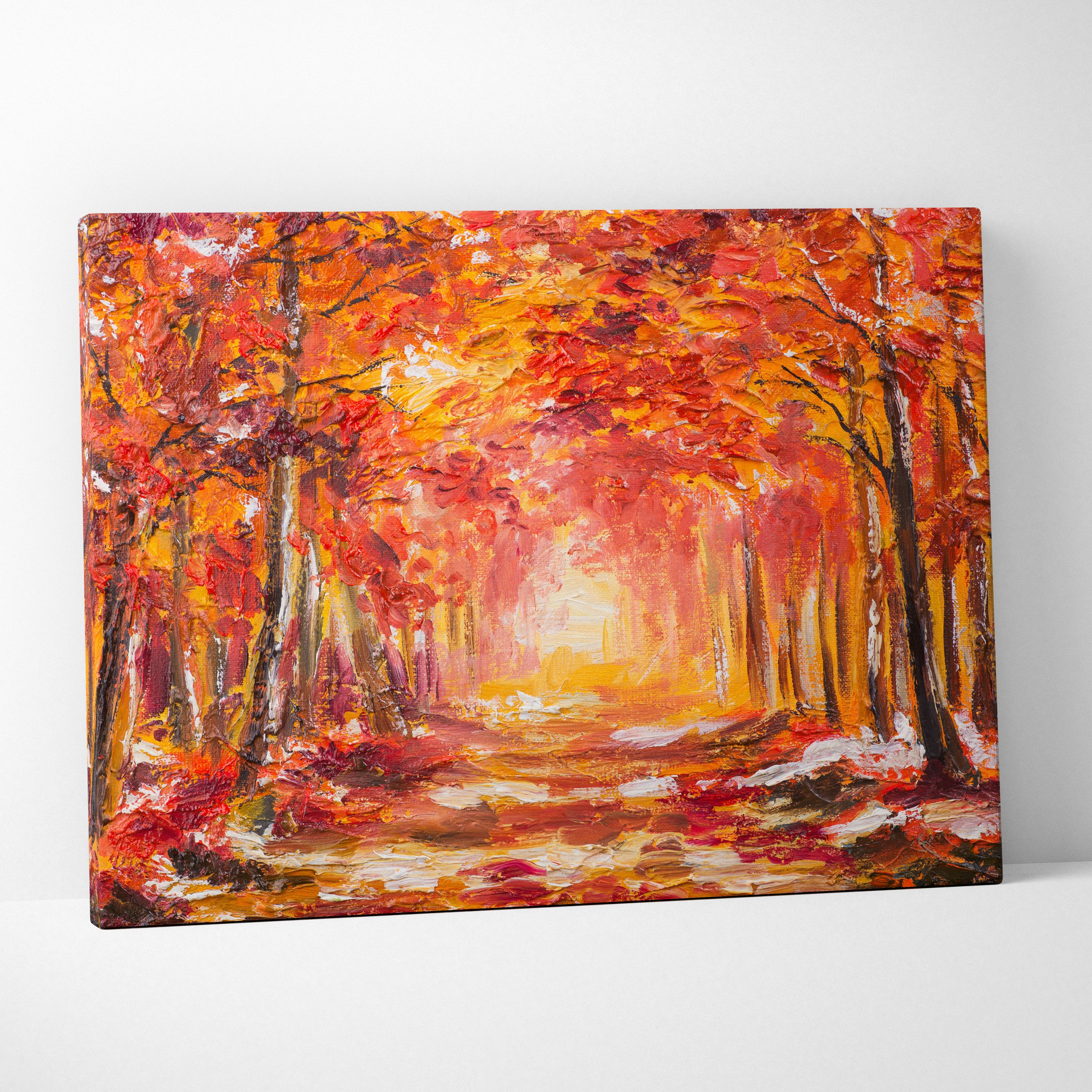 Fiery red autumn forest canvas wall art print with bold red orange and yellow brushstrokes for rustic living rooms
