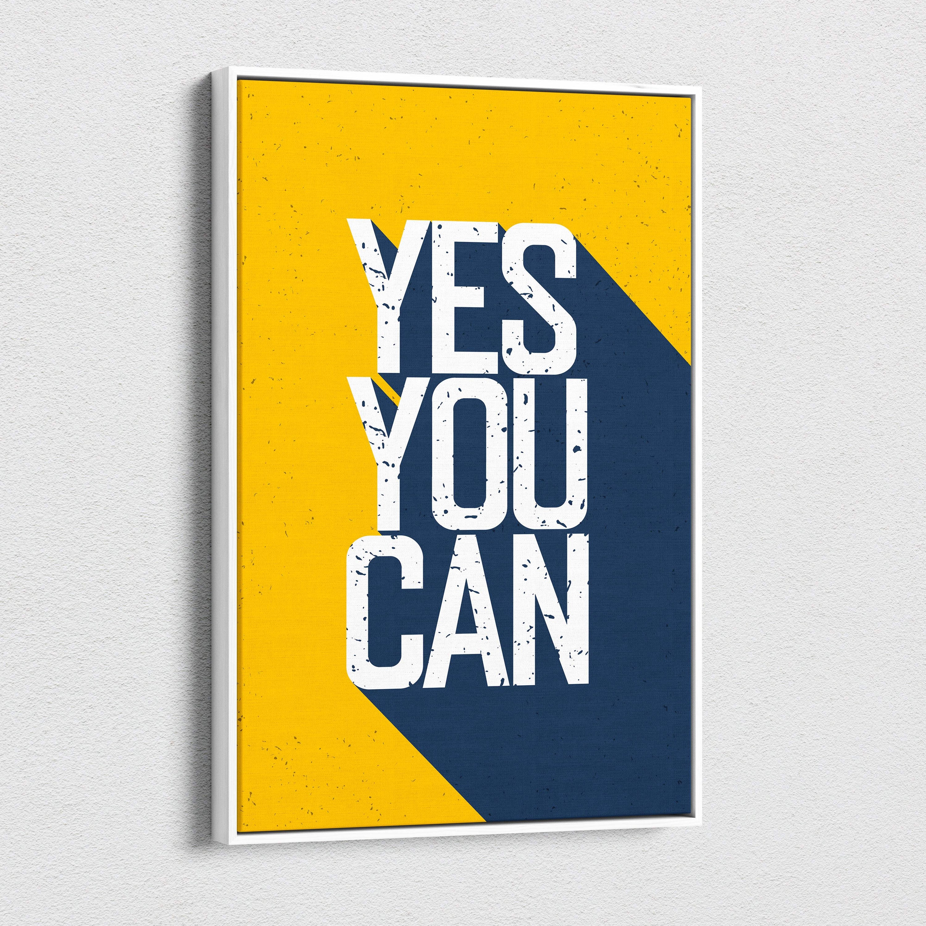 A yes you can motivational typography wall art print with bold white text on yellow and navy blue in a white frame