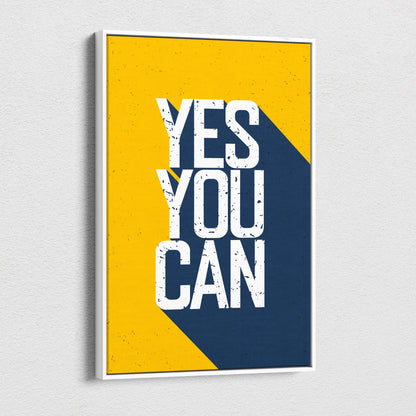 A yes you can motivational typography wall art print with bold white text on yellow and navy blue in a white frame