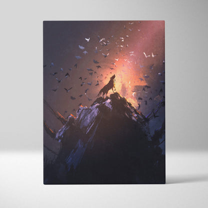 Rectangular canvas print of a wolf howling on a rocky peak against a fiery twilight sky with birds in flight for wall decor