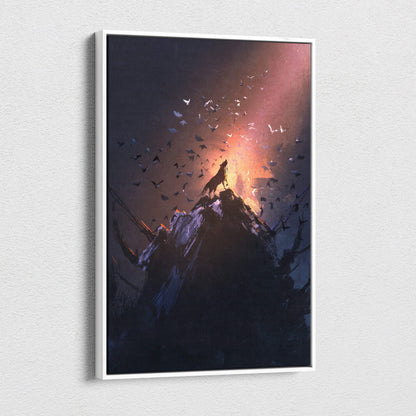 A framed canvas print of a wolf howling on a dark jagged mountain with birds under a dramatic sunset sky for rustic wall decor