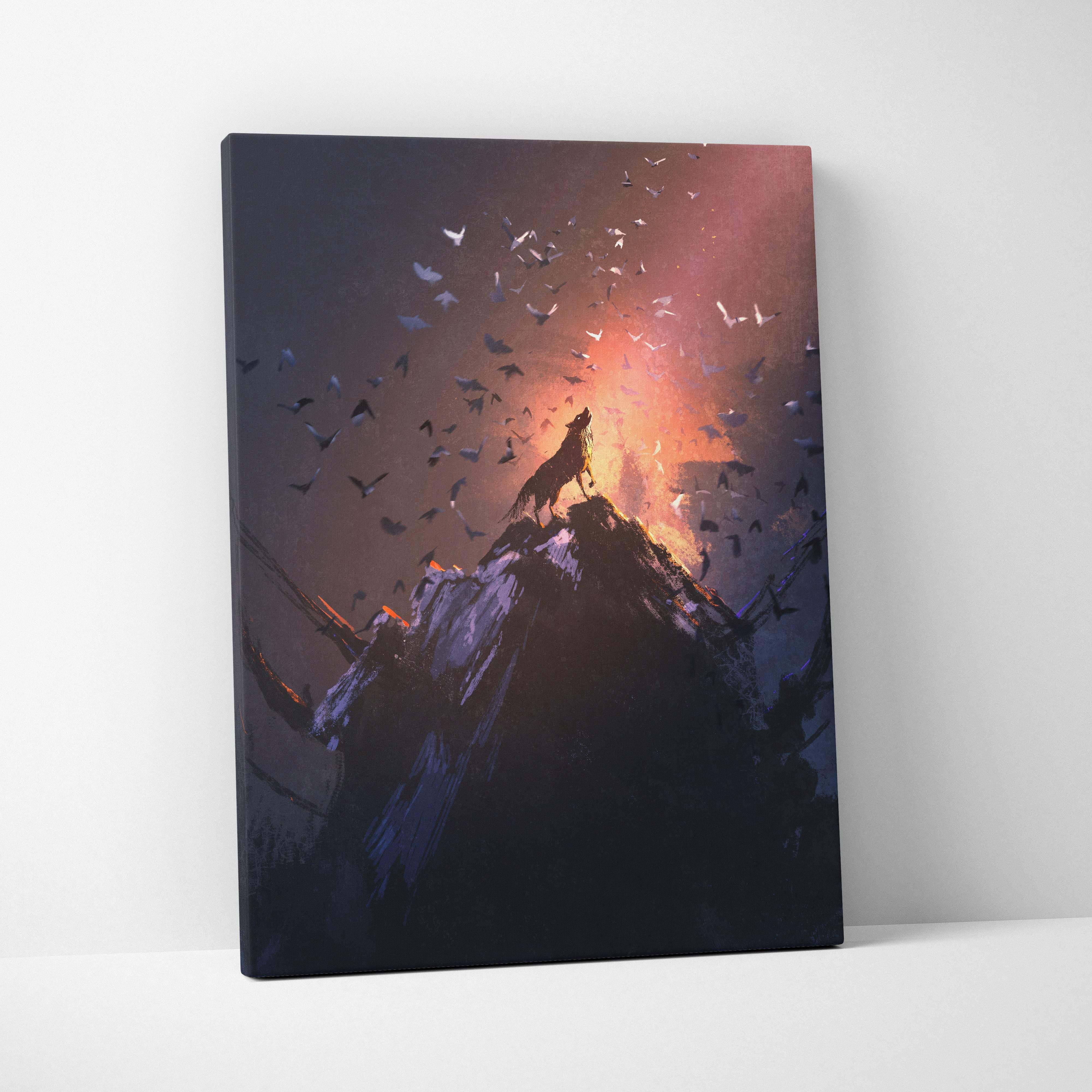 Wolf howling at sunset canvas art featuring a lone wolf on a mountain peak against an orange and purple sky with birds