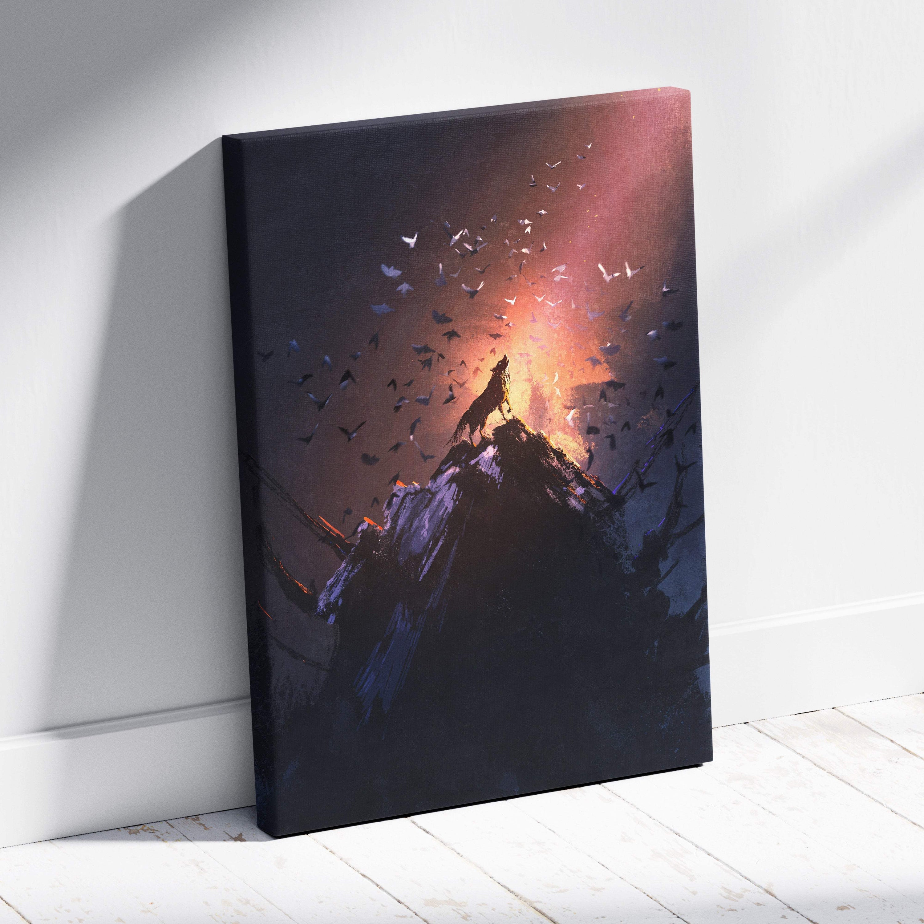 Wolf howling at sunset canvas art with fiery orange and purple mountain scene for rustic and modern home decor