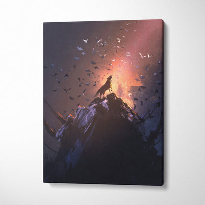 Wolf howling at sunset canvas art showing a wolf atop a rocky peak with birds against a dramatic sky for wall decor