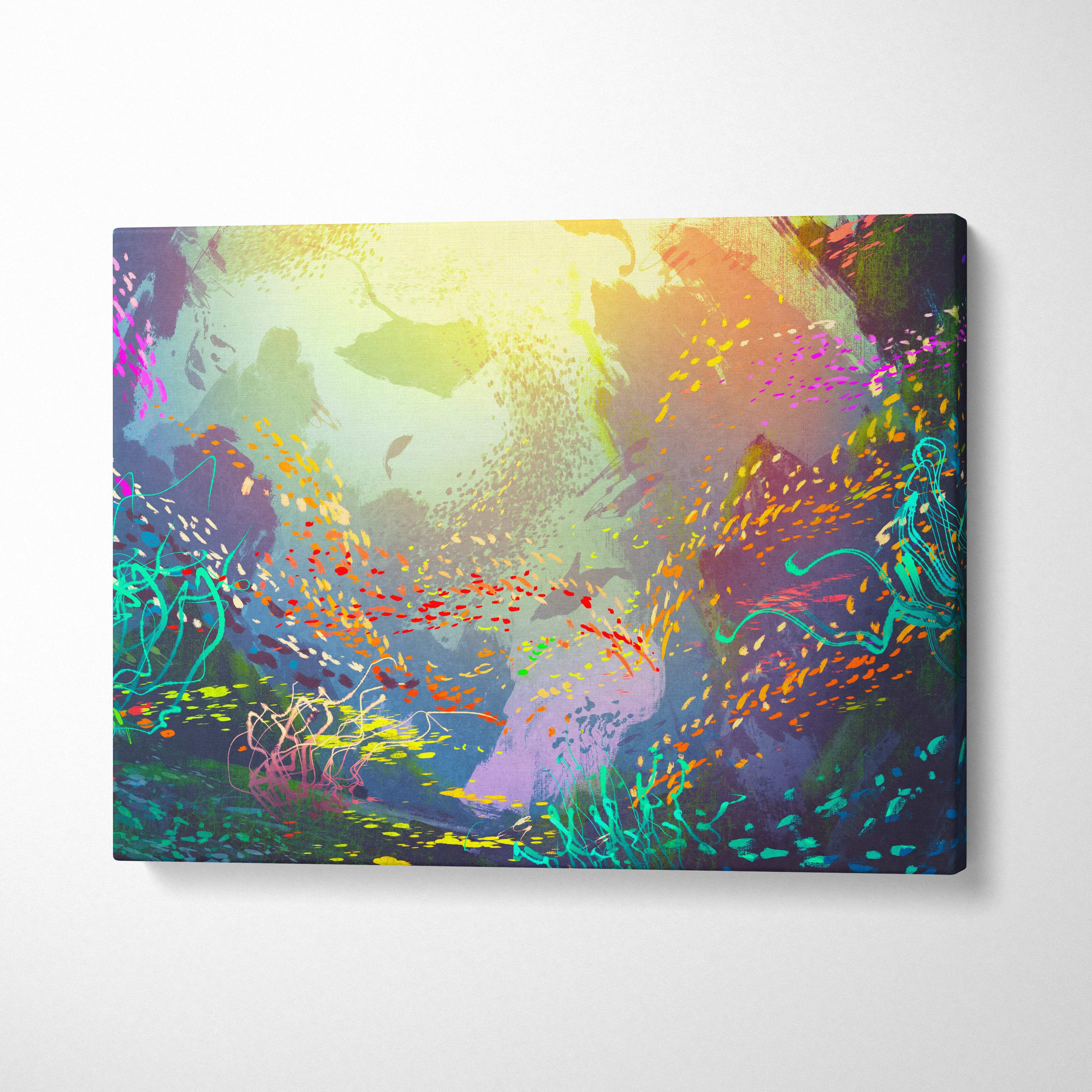 Colorful abstract underwater canvas wall art with swirling teal magenta gold and purple brushstrokes depicting coral reef life