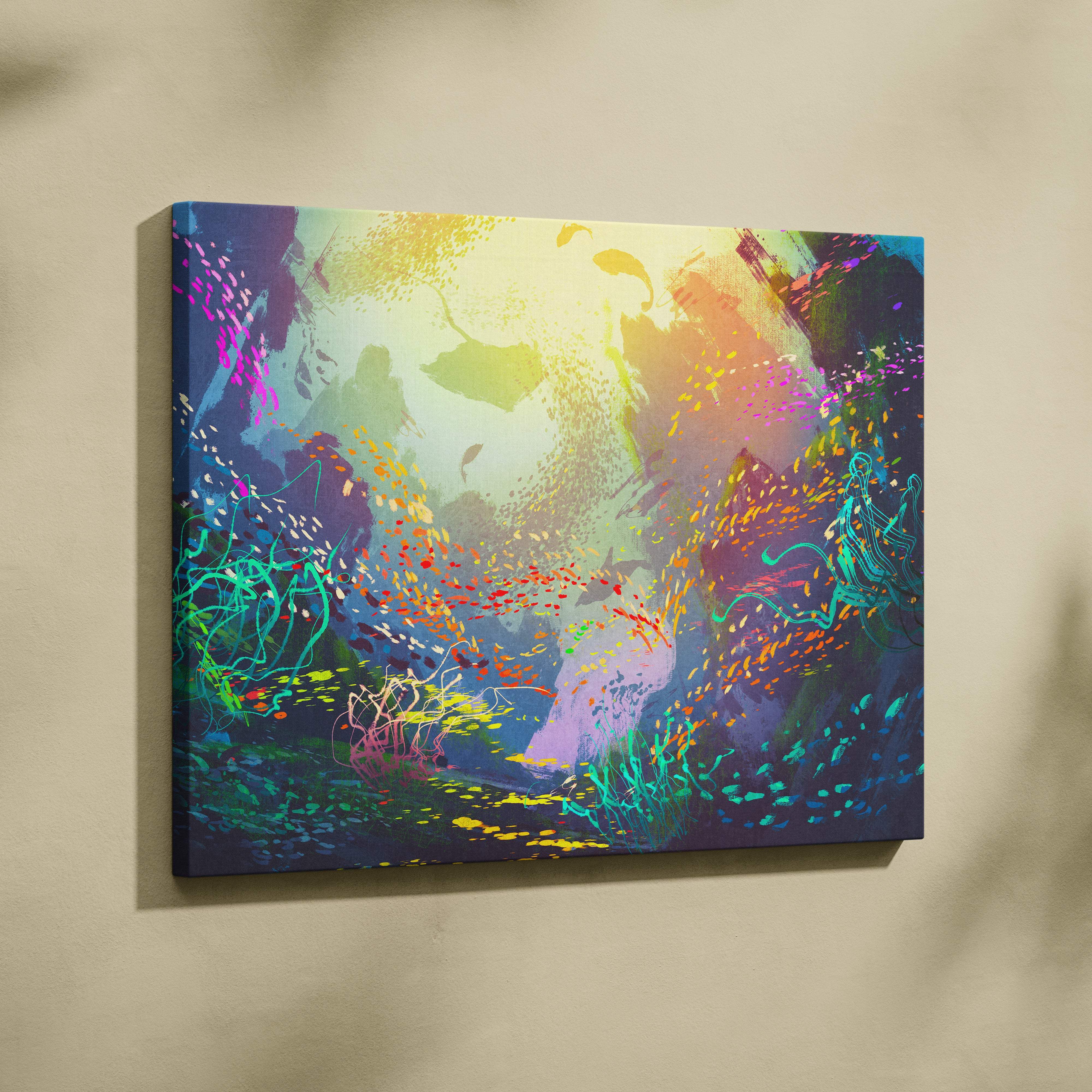Colorful abstract underwater canvas wall art with swirling neon greens purples yellows on deep blue ocean backdrop