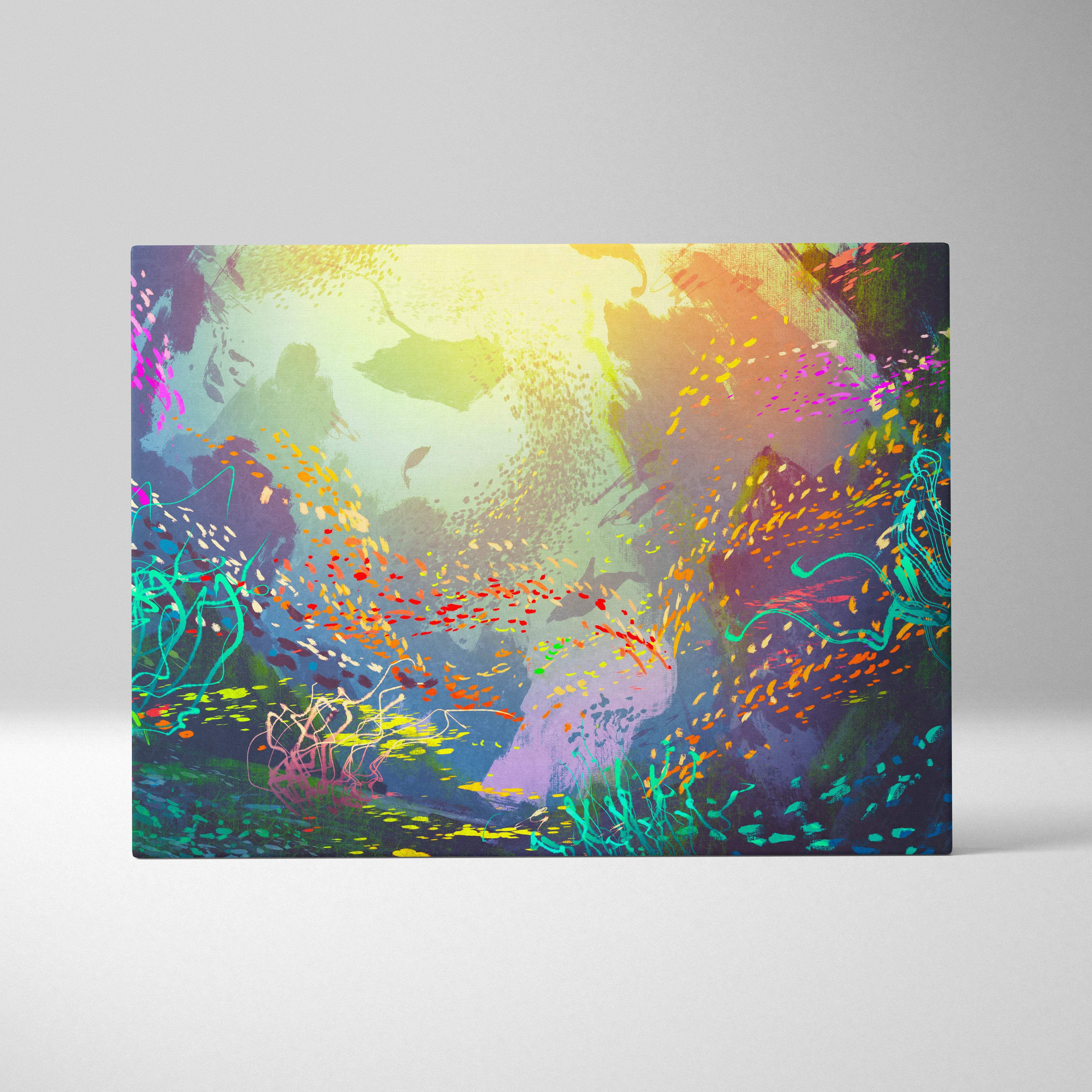 Colorful abstract underwater canvas wall art with swirling teal magenta gold and purple brushstrokes vibrant ocean scene