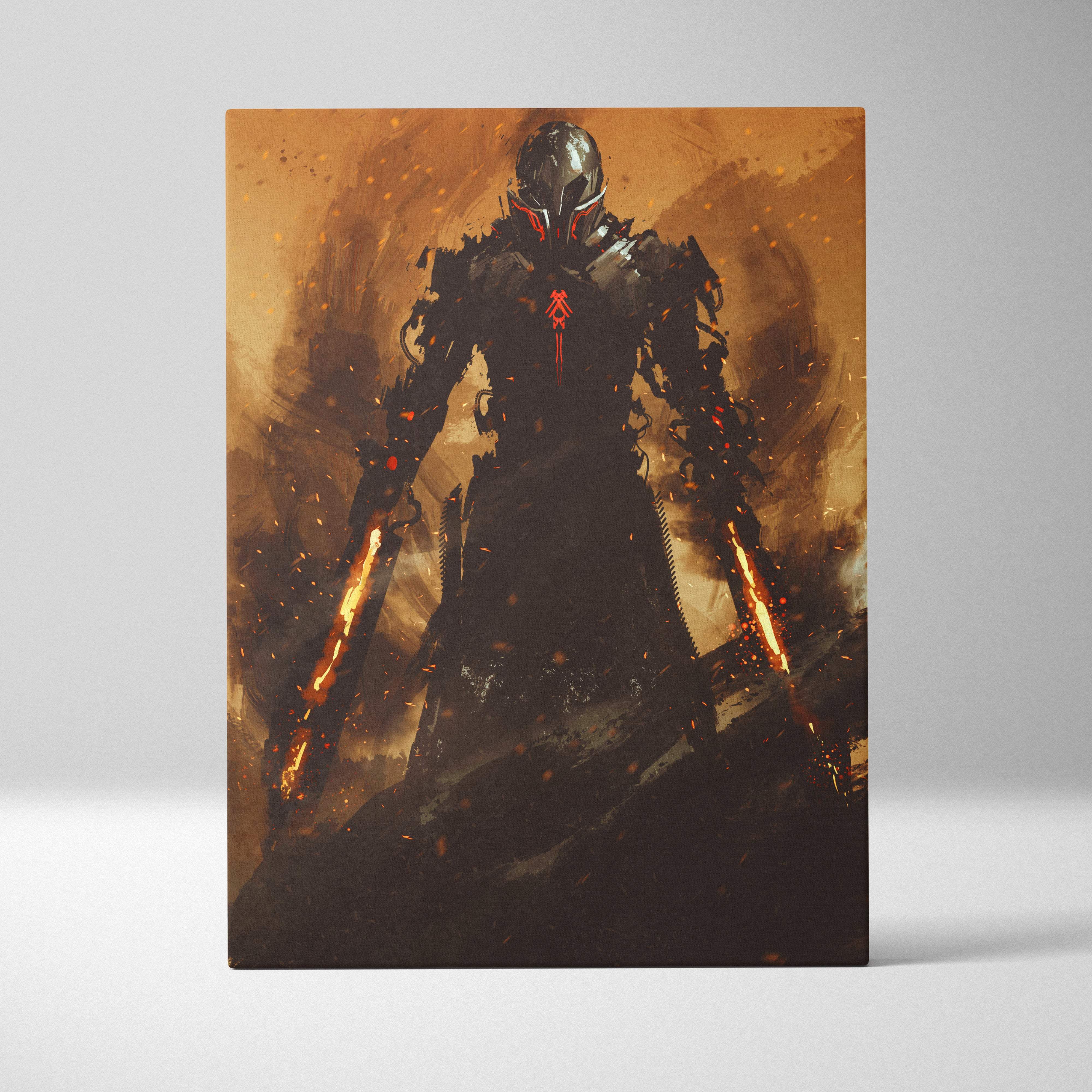 Inferno Sentinel canvas art of black armored warrior with glowing red eyes and fiery weapons in cyberpunk style