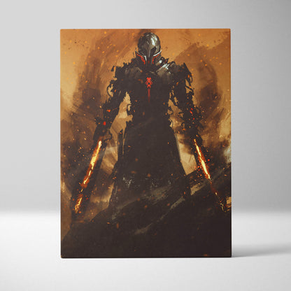 Inferno Sentinel canvas art of black armored warrior with glowing red eyes and fiery weapons in cyberpunk style
