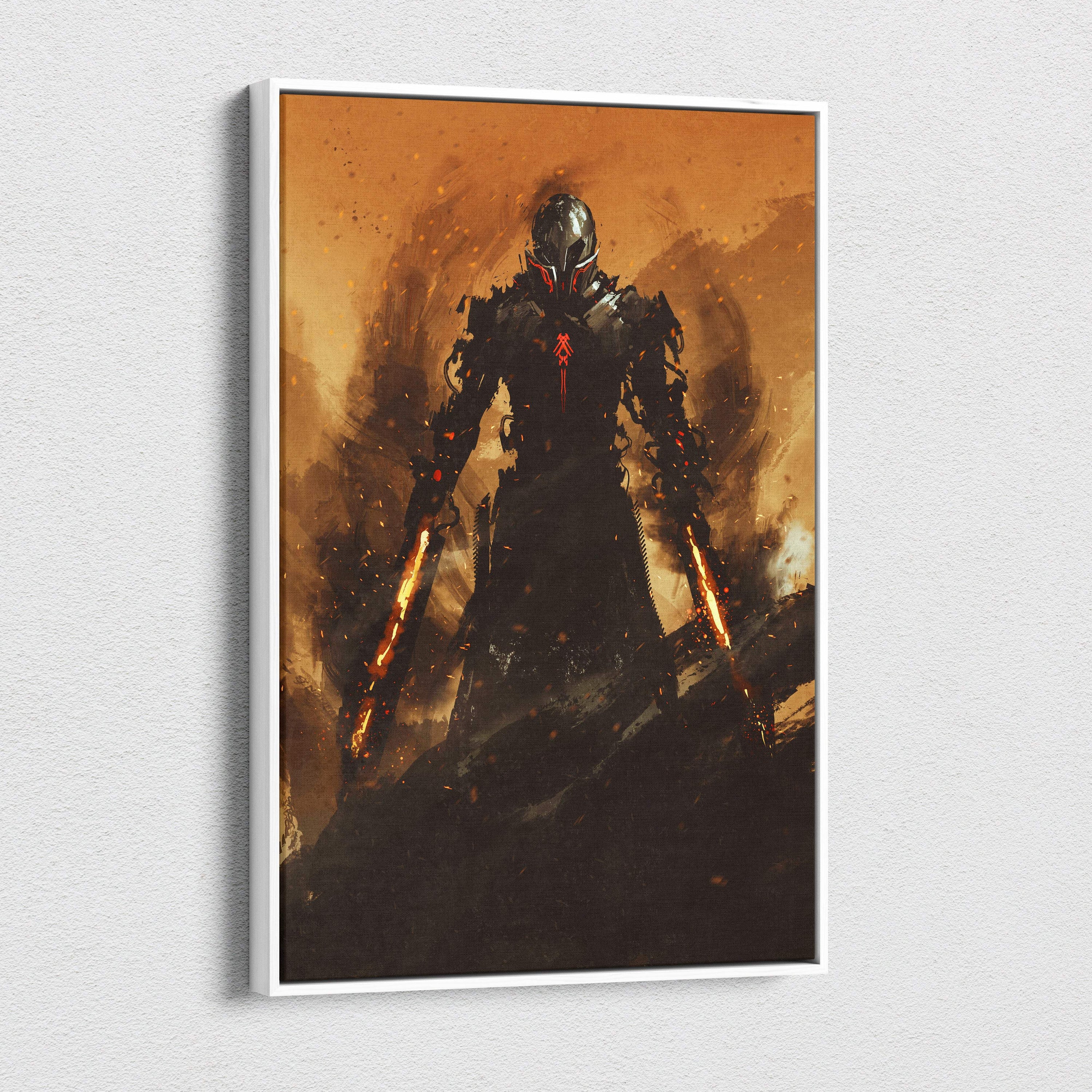 A framed canvas art of a dark futuristic warrior with black cyberpunk armor and fiery orange glowing weapons