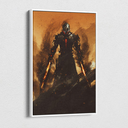 A framed canvas art of a dark futuristic warrior with black cyberpunk armor and fiery orange glowing weapons