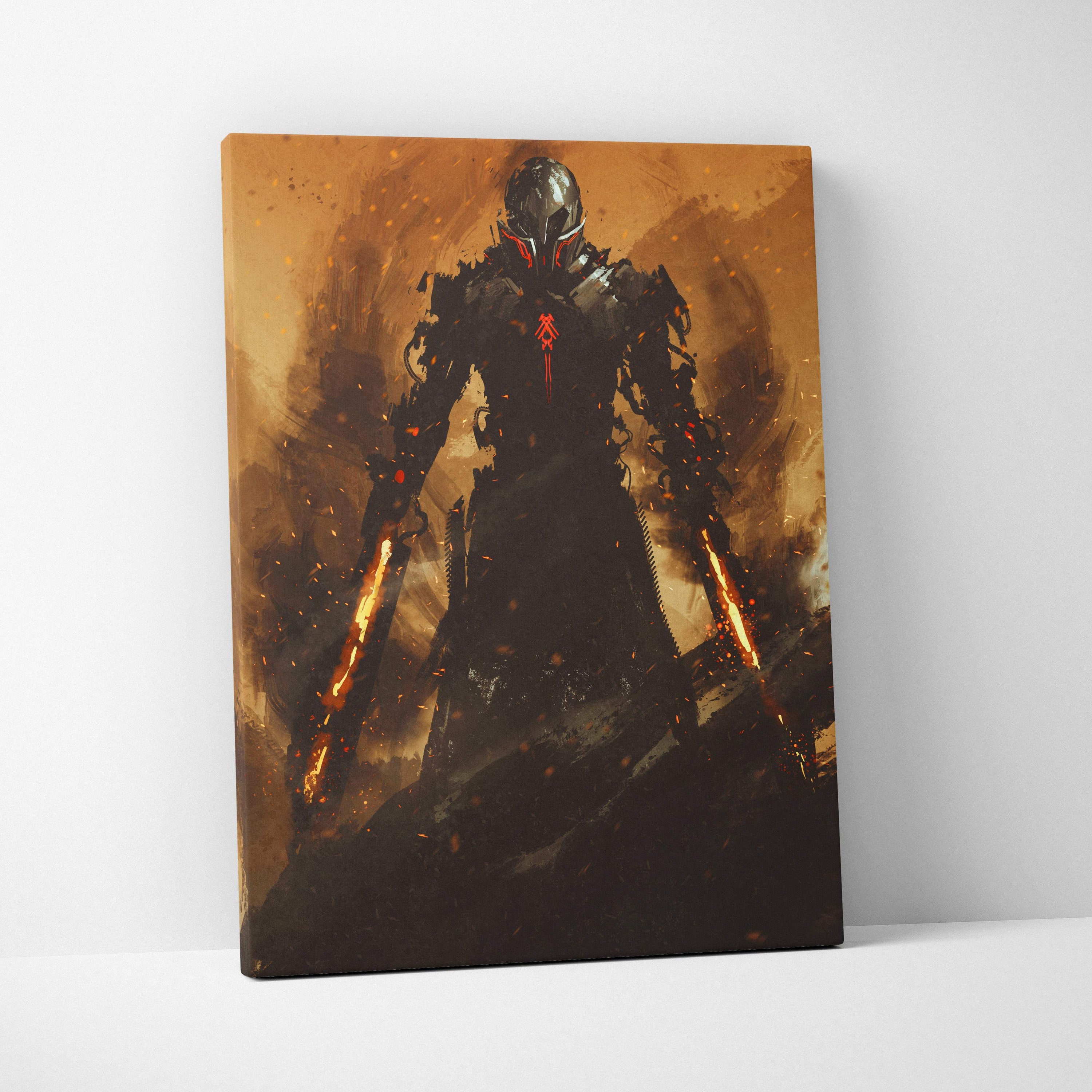 Inferno sentinel canvas art featuring a dark armored warrior with glowing red eyes and fiery weapons on orange battlefield