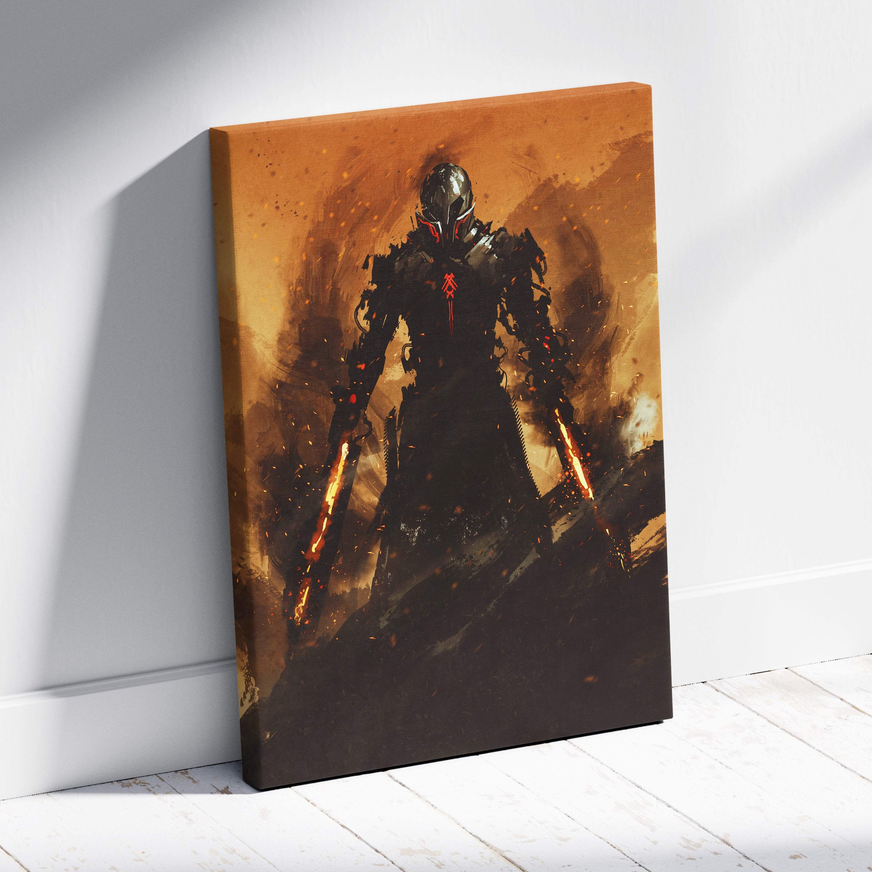 Inferno sentinel stretched canvas print of a black armored warrior with fiery weapons against an orange background