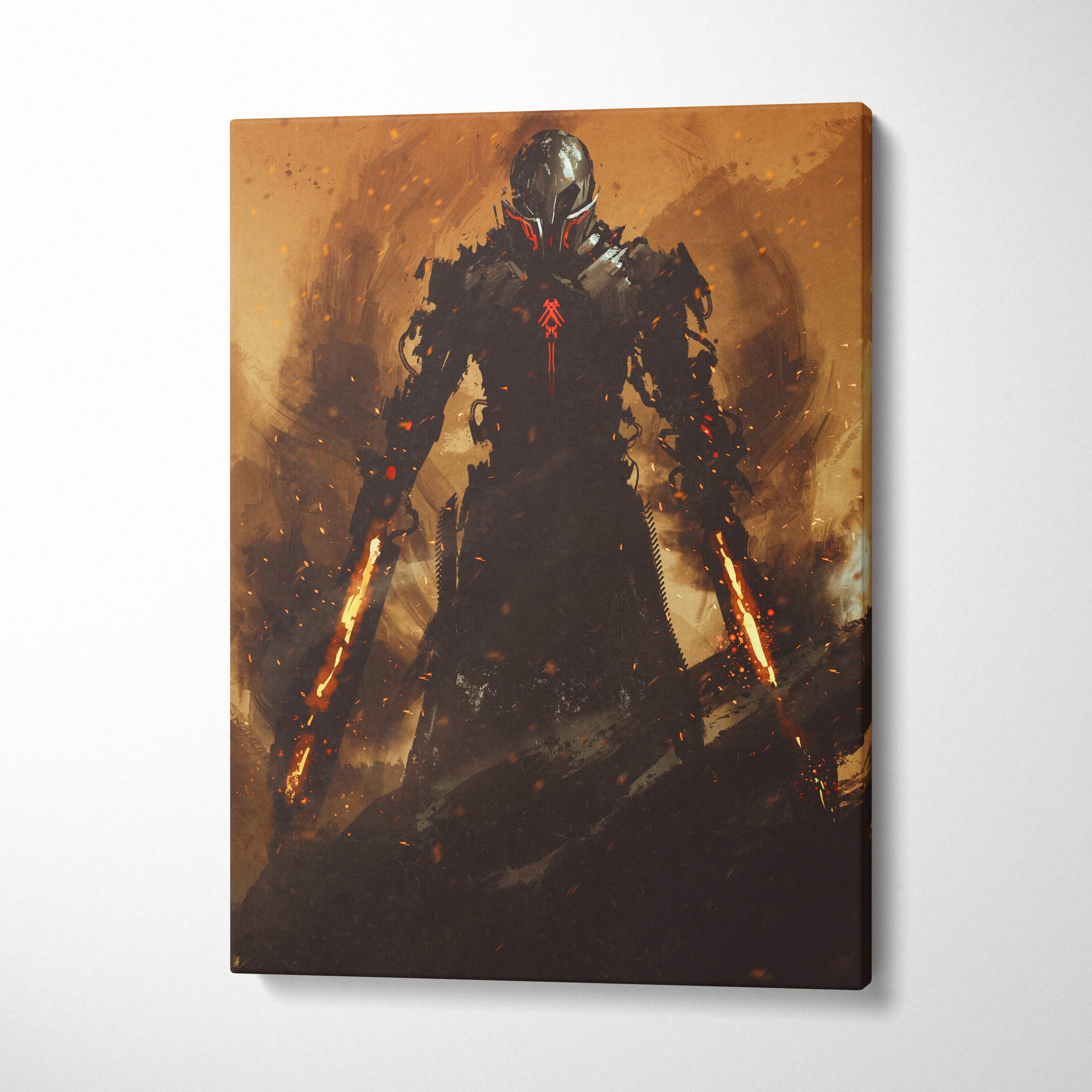 Inferno Sentinel canvas art featuring a black armored warrior with glowing red eyes and fiery orange weapons