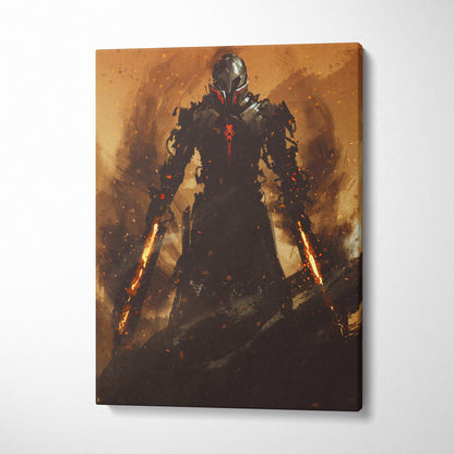 Inferno Sentinel canvas art featuring a black armored warrior with glowing red eyes and fiery orange weapons