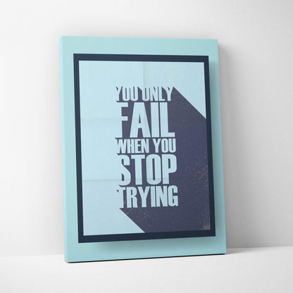 A light blue framed motivational wall art print with bold white text for office gym or home decor use