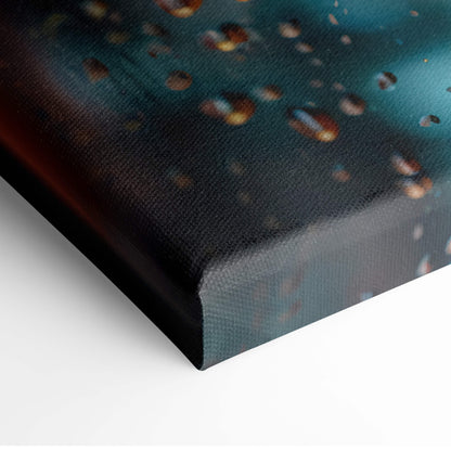 Canvas print of a cosmic scene with glowing amber and gold orbs on a deep teal and black starry background for modern decor